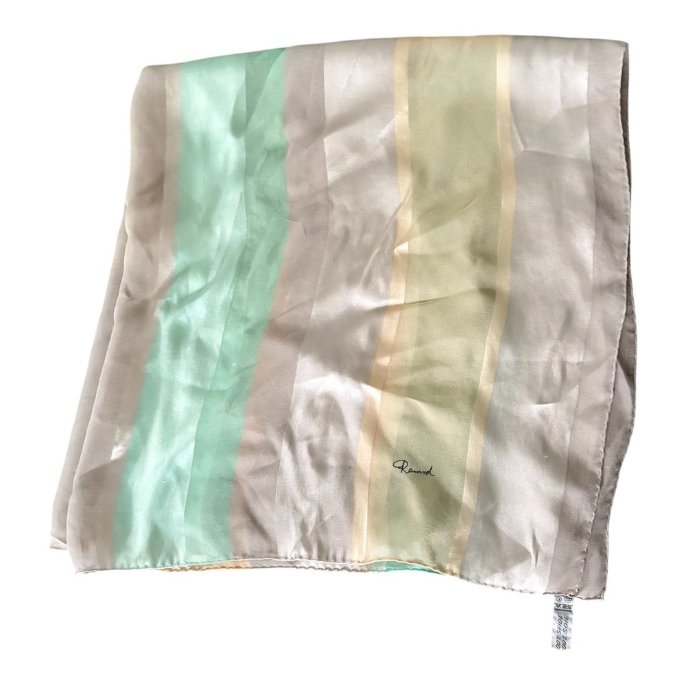 Renard Vintage 100% Silk Square Scarf Mint Green Taupe Striped 34x34 Quite Lux